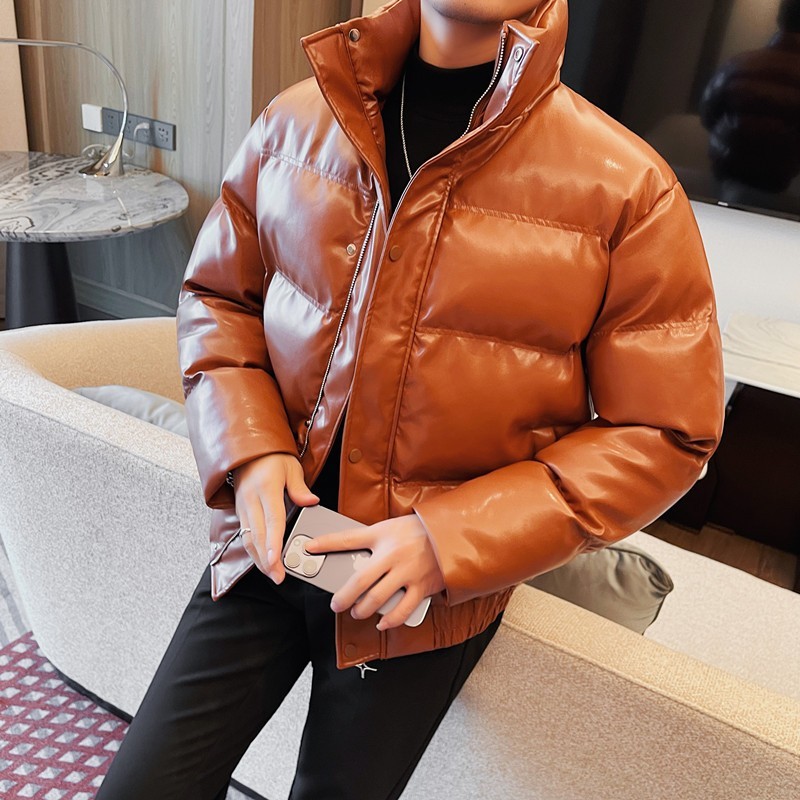 Glossy cotton coat men's winter thickened imitation leather jacket bread coat
