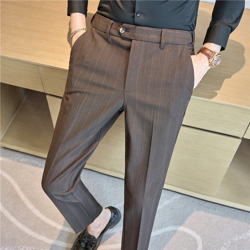 Invisible stretch waist high quality men's texture three-dimensional striped trousers slim trousers brown color