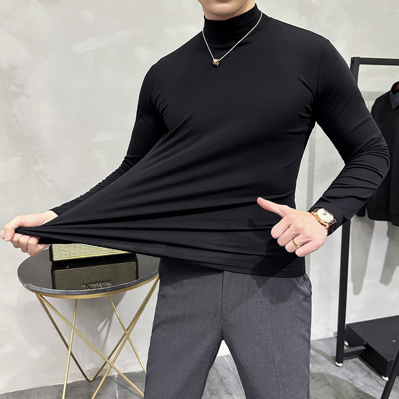 Autumn and winter men's half turtleneck long-sleeved bottoming T-shirt men's all-match warm bottoming shirt solid color black
