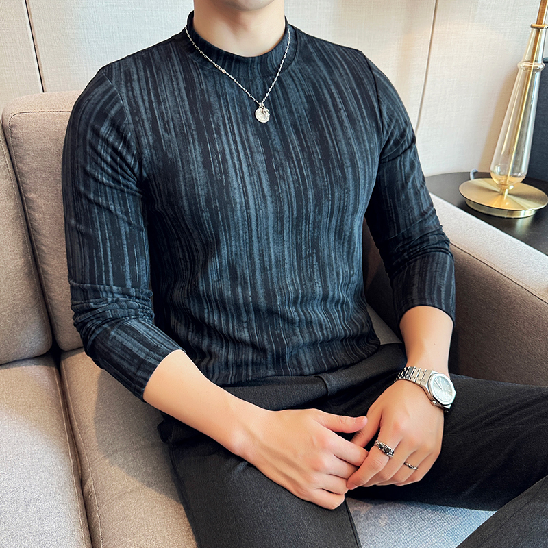 Mid-collar pure cotton long-sleeved T-shirt with gradient stripes, slim fit, stretchy inner half turtleneck bottoming shirt, black