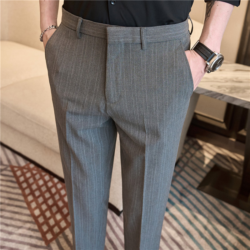 Double line vertical striped trousers for men slim fit casual pants