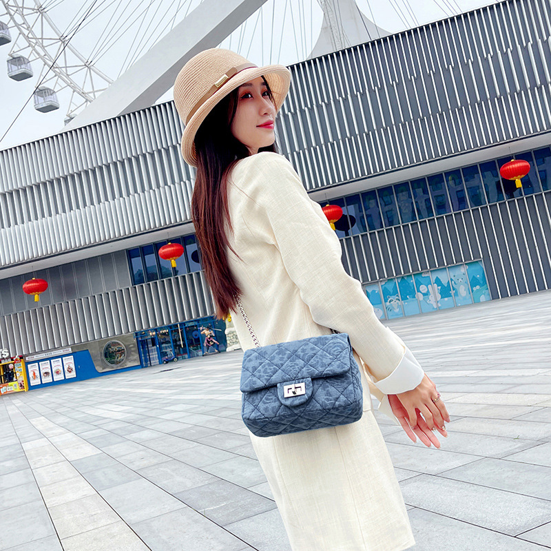 New style small fragrant denim love rhombus chain square fat small square bag single shoulder crossbody bag wholesale