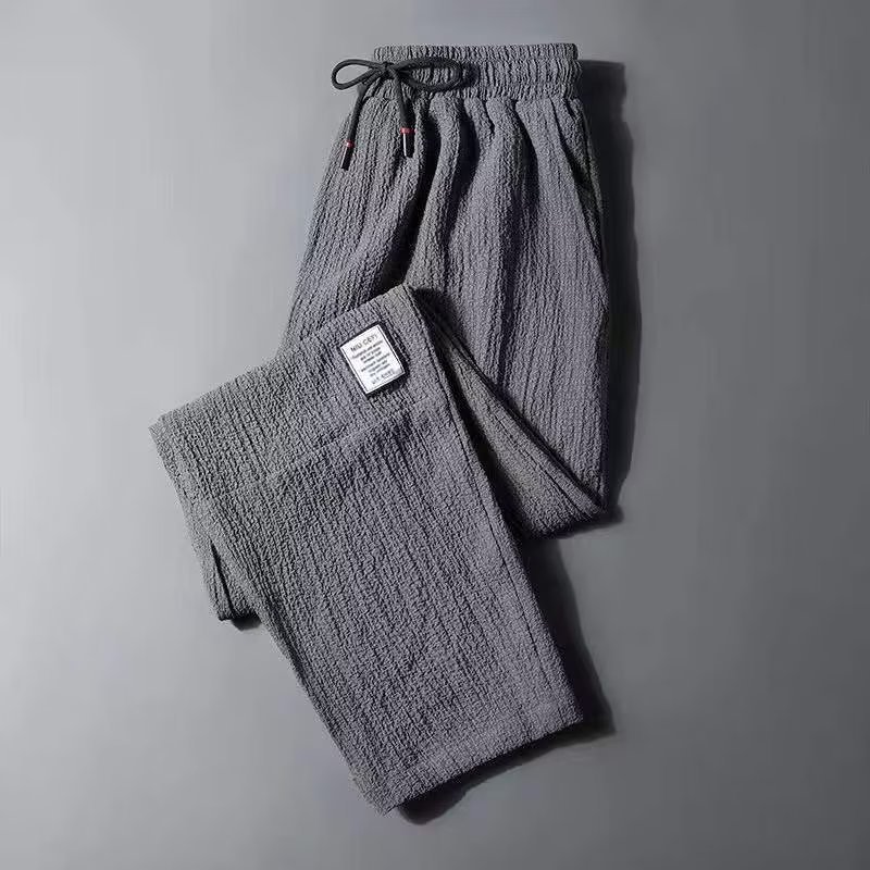 Linen ice silk trousers men's nine-point loose plus fat plus size ankle-tie casual sports trousers thin section