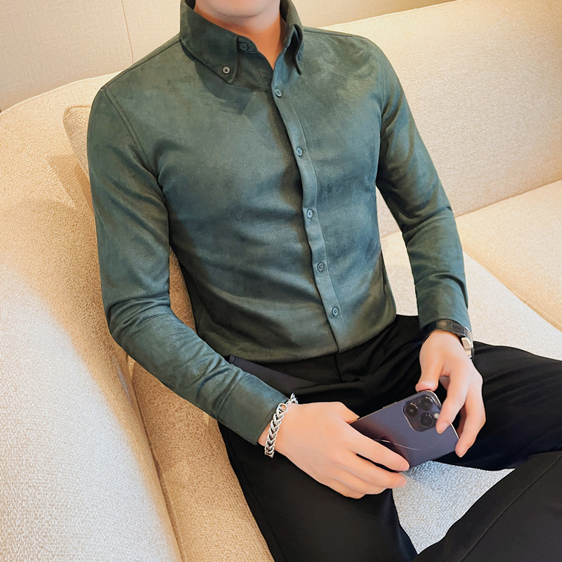 2222-P65 Suede thick shirt men's solid color versatile shirt business casual long-sleeved slim shirt