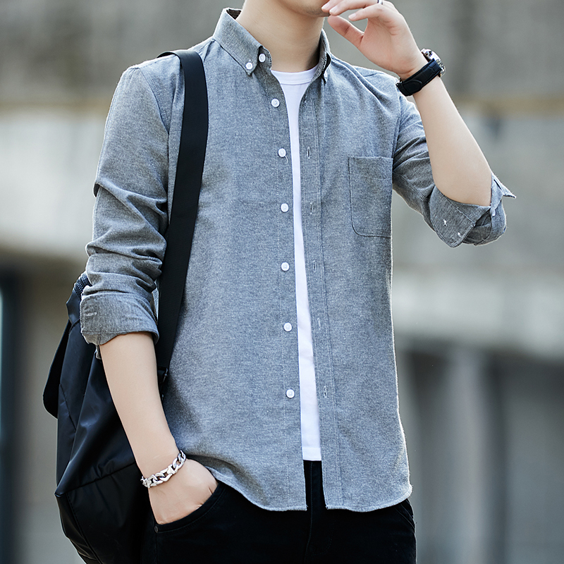 Men's Oxford shirt long-sleeved Korean style trendy youth handsome solid color shirt