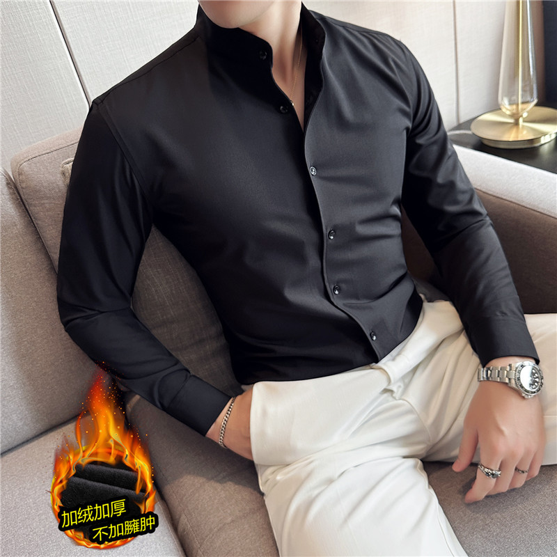 New Chinese style high-end thickened velvet stand-up collar shirt men's long-sleeved round neck shirt stretch white