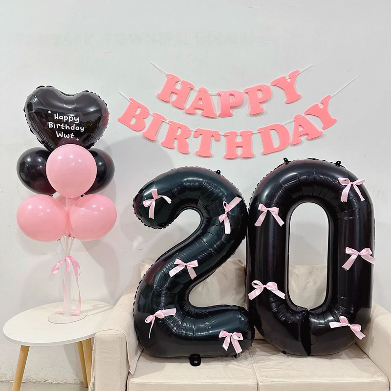 Ins style black pink bow number balloon 18 and 20th birthday aluminum film balloon party decoration props