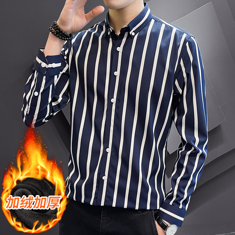 Men's warm shirt winter velvet thickened Korean style slim striped shirt trendy