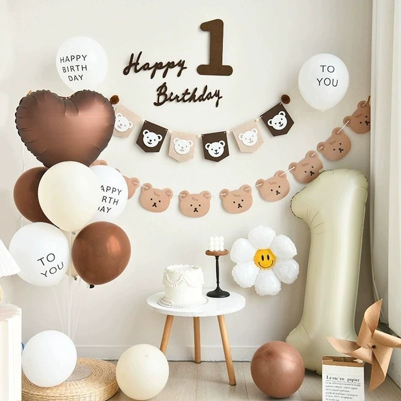 ins baby's first birthday forest style birthday decoration scene arrangement balloon bear background wall girl party supplies