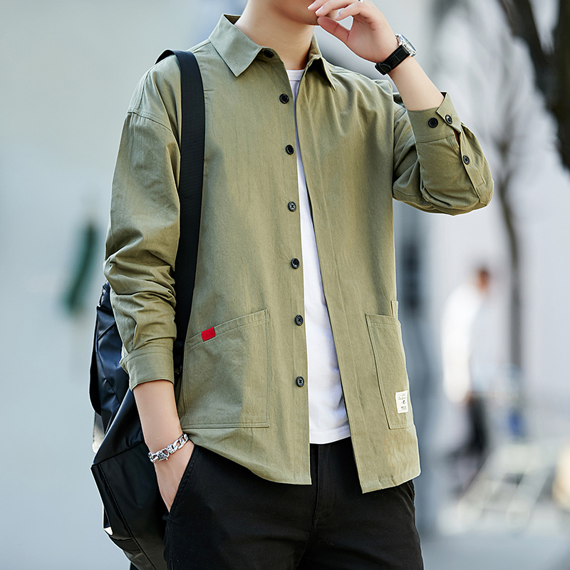 Men's pure cotton shirt long-sleeved trendy Hong Kong style loose work shirt jacket