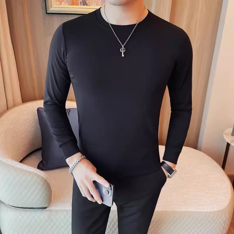 Round neck bottoming shirt for men autumn and winter solid color versatile slim long-sleeved T-shirt