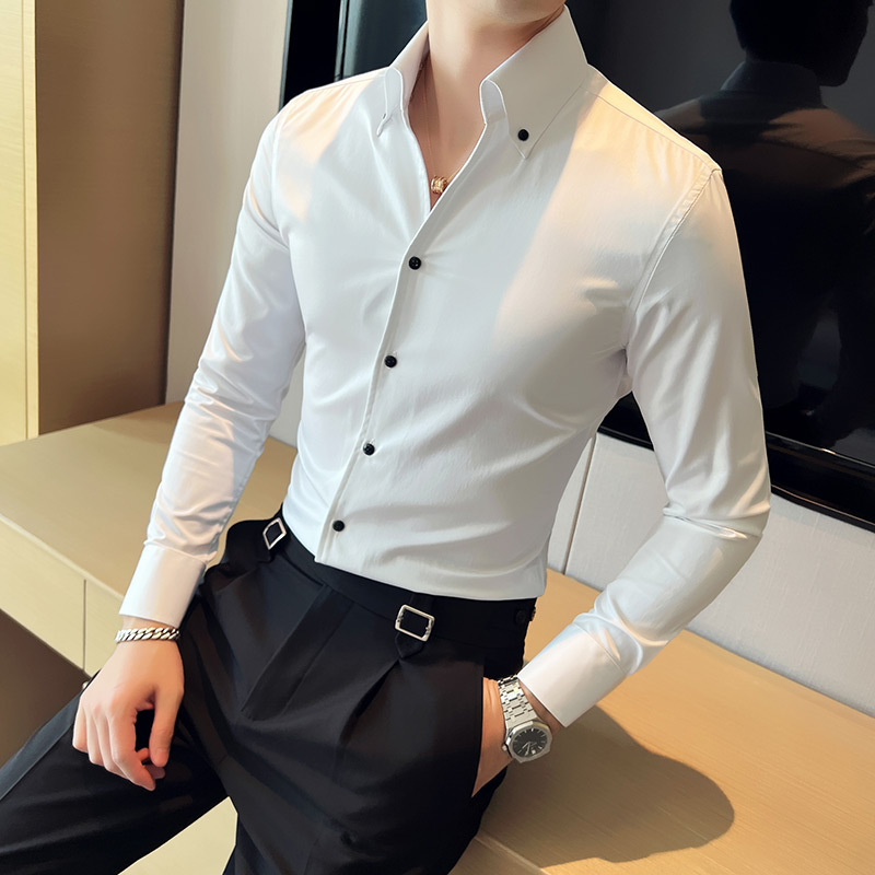 British personality Internet celebrity V-neck shirt men's long-sleeved trendy slim casual stand-up collar handsome solid color shirt