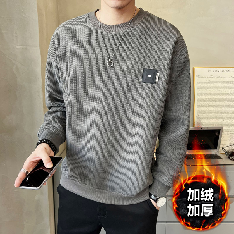 Winter new trendy long-sleeved round neck velvet thickened cotton sweatshirt Korean style micro wide base