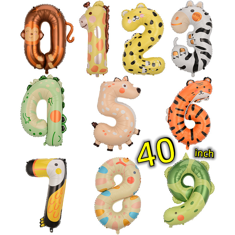 New hot-selling 40-inch large number 0-9 cartoon animal creative aluminum film balloon birthday decoration supplies can float in the air