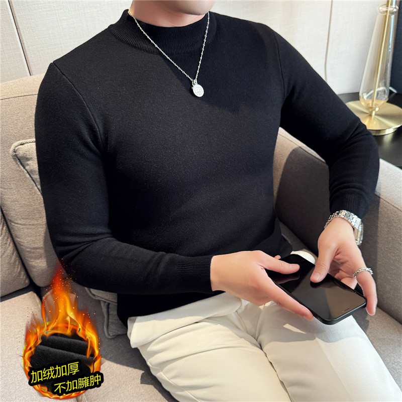 Autumn and winter plus velvet half-turtleneck sweater for men, slim fit one-piece velvet skin-friendly mid-collar sweater