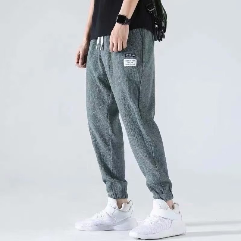 Ice silk pants men's thin casual trousers quick-drying sports straight nine-point pants men's loose leg binding