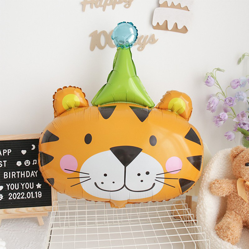 New birthday hat tiger head balloon cartoon jungle animal aluminum film balloon birthday theme party decoration