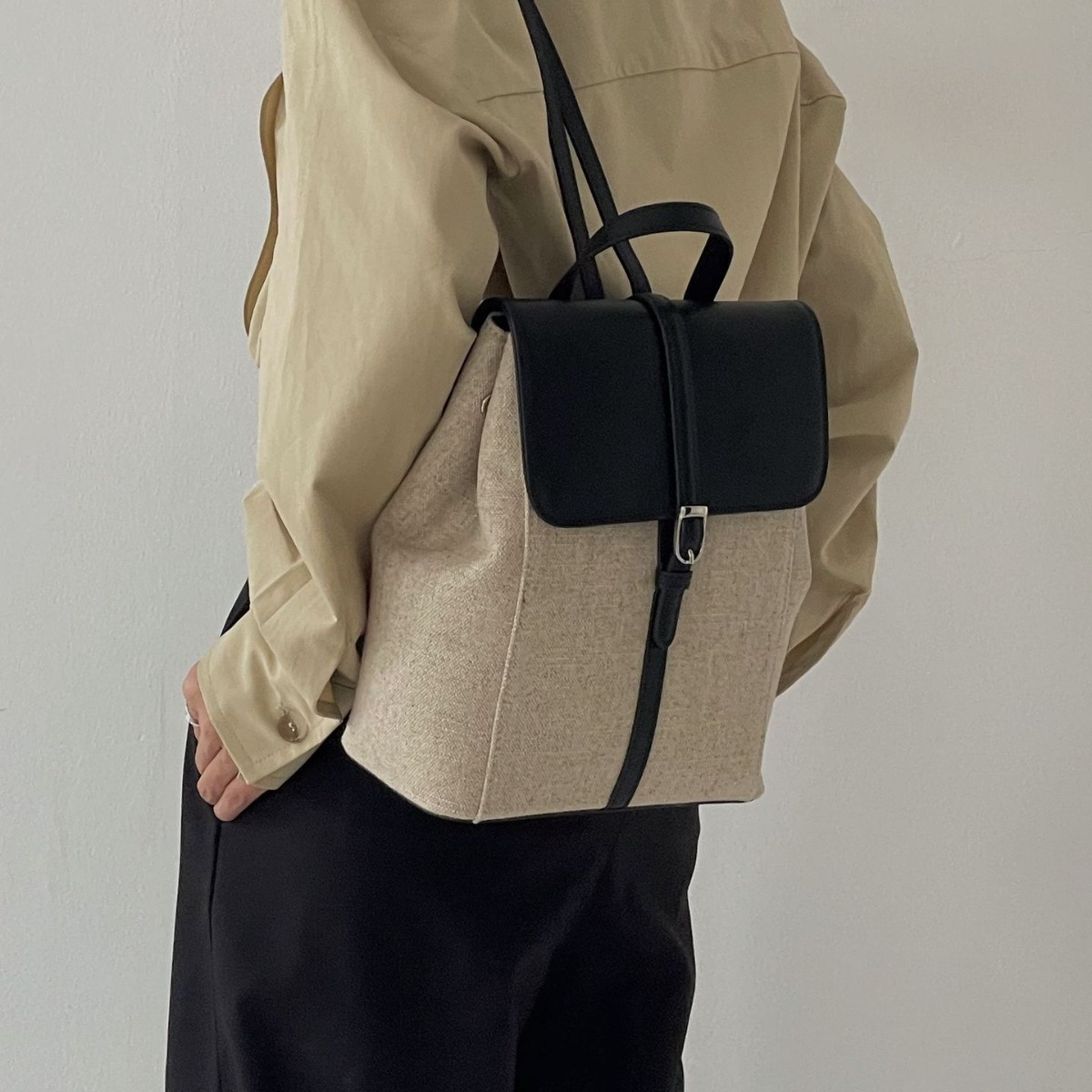 New French casual resort style cowhide and linen backpack