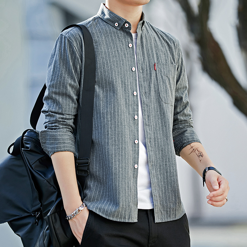 Men's striped shirt men's long-sleeved spring and autumn Korean style slim shirt handsome inch shirt trendy