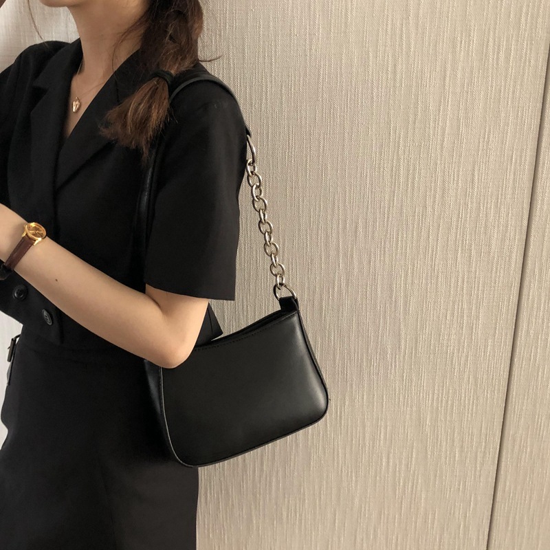 New ins hot black stitched armpit bag baguette bag European and American street PU shoulder handbag female trend
