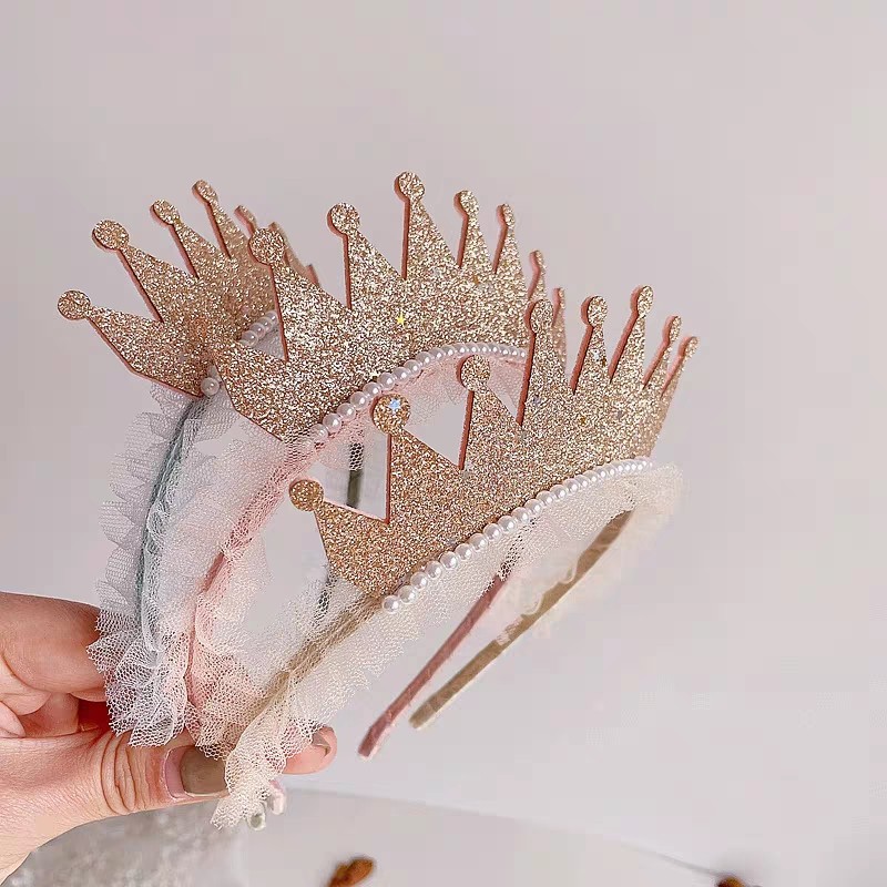 New cartoon glitter birthday crown children's mesh lace headband head buckle hair accessories headdress