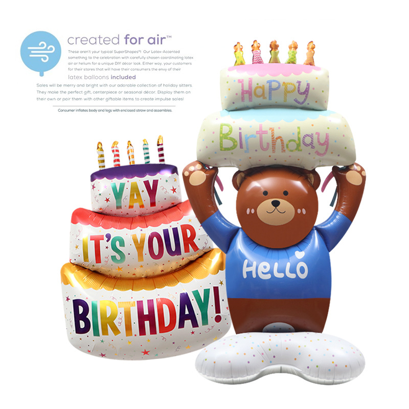 Birthday party layout photo background props balloon 4D three-dimensional standing bear holding cake welcome big balloon