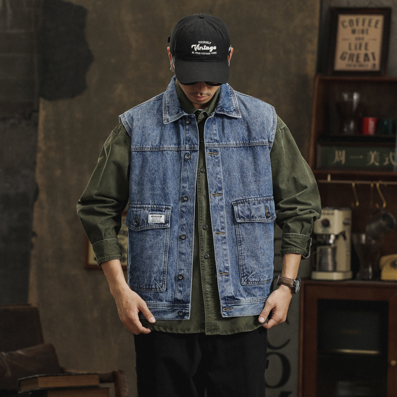 American Retro Autumn Denim Vest Men's Trendy Loose Waistcoat Sleeveless Vest Work Jacket