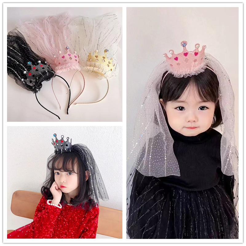 Princess birthday crown veil headband, children's crown sequined veil hair accessories, cake party performance tiara