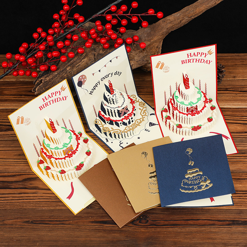 Music birthday cake greeting card message blessing card wish greeting card with light cake 3D three-dimensional greeting card