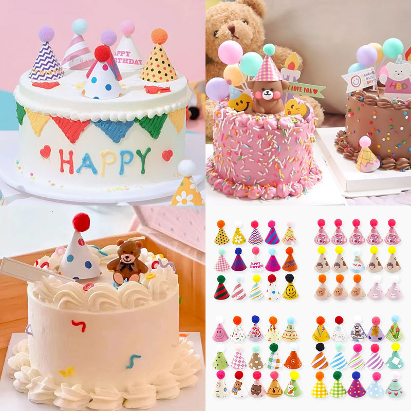 Mini pom-pom hat, retro cartoon pom-pom birthday hat, birthday cake decoration ornaments, 15 card plug-ins