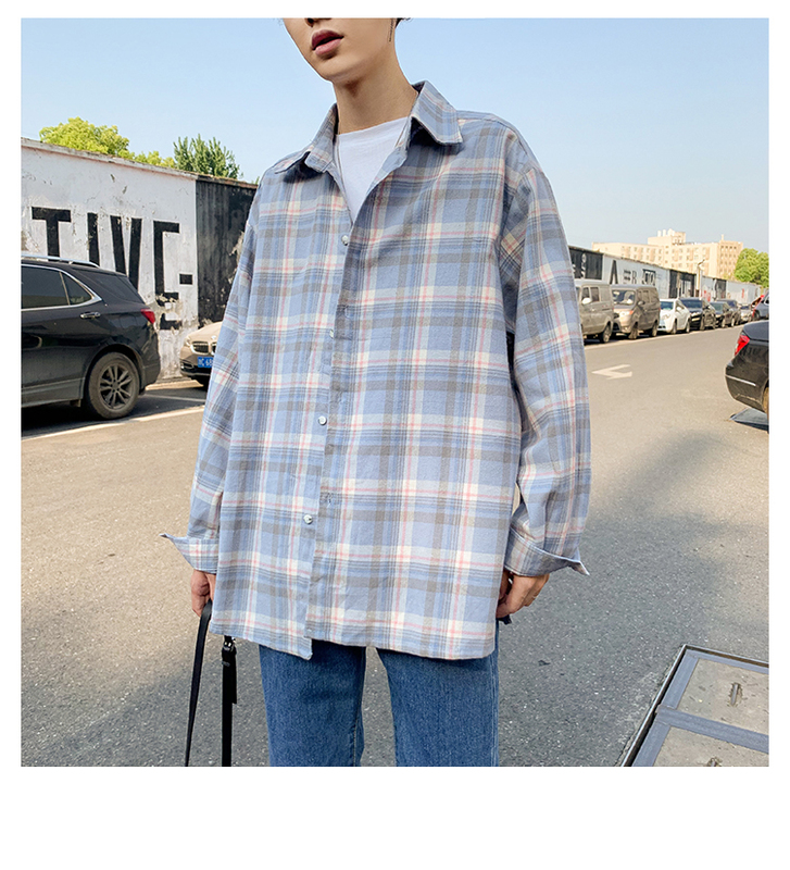 Hong Kong style loose couple plaid shirt men's long-sleeved casual college style blue tone plaid shirt