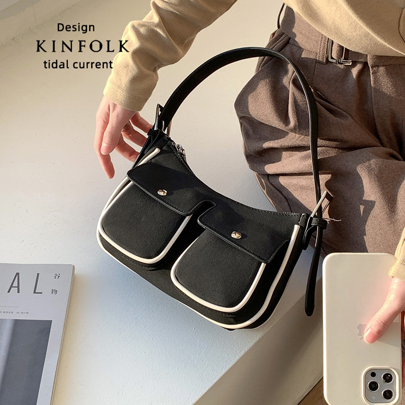 Korean niche design women's bag autumn and winter new fashion commuting contrast color college style underarm bag single shoulder handbag