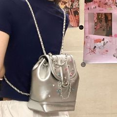 Korean niche design silver chain backpack women's 2024 new high-end retro portable bucket bag
