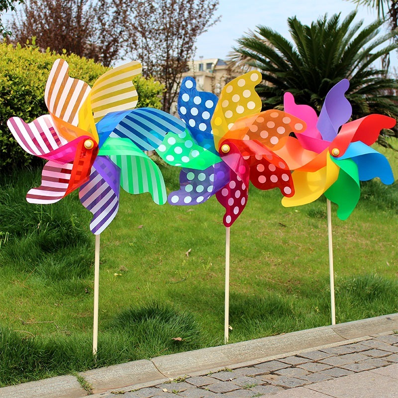 New 80CM Large Children's Toy Wooden Pole Colorful Plastic Striped Dot Windmill Garden Outdoor Decoration Wholesale