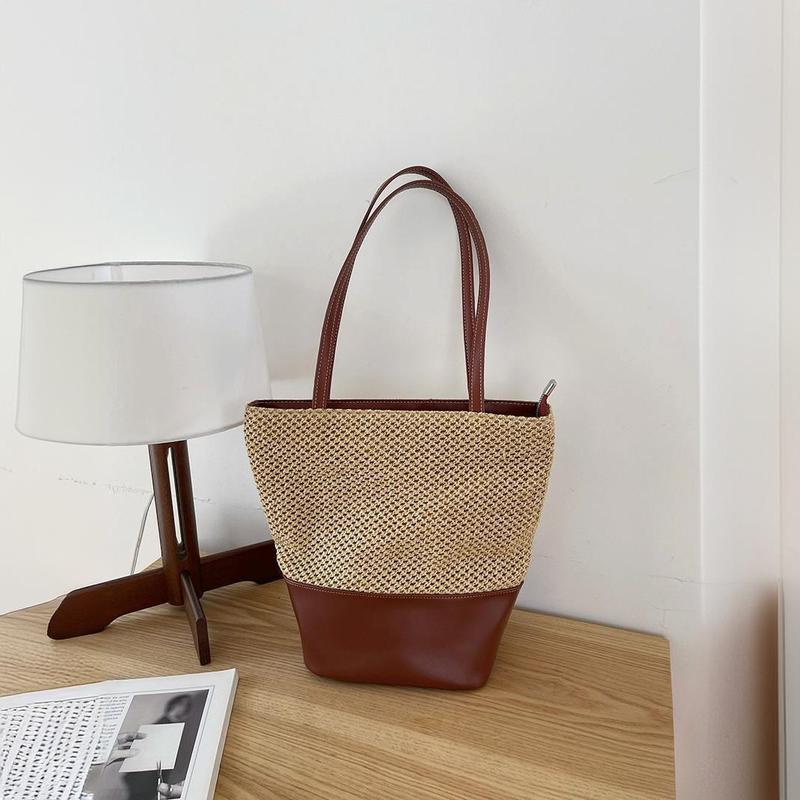 French hollow straw bag spliced ​​large-capacity tote bag women's holiday beach bag retro woven shoulder bag large bag