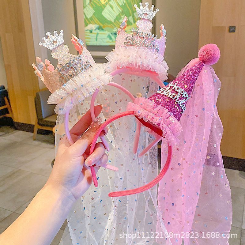 Birthday Hat Girls Veil Headband Party Atmosphere Photo Props Baby Girl Crown Princess Birthday Headwear