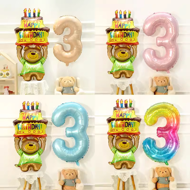 Xiaohongshu's little bear holding cake birthday aluminum film balloon children's baby party arrangement photo props decorations
