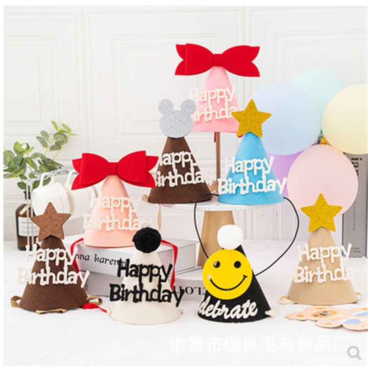Korean ins internet celebrity birthday hat bow smiley hat cute felt birthday hat baby's 100th birthday photo shoot
