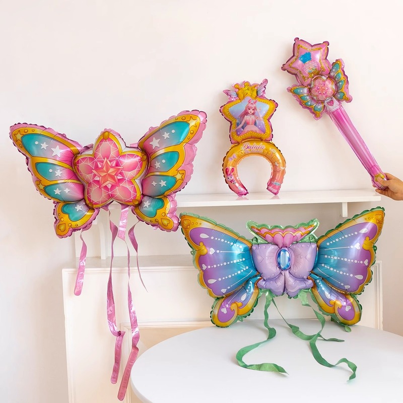 Angels, fairies, butterfly wings holding stick balloons, girls and children setting up stalls at the night market and internet celebrities taking photos with balloons on their backs