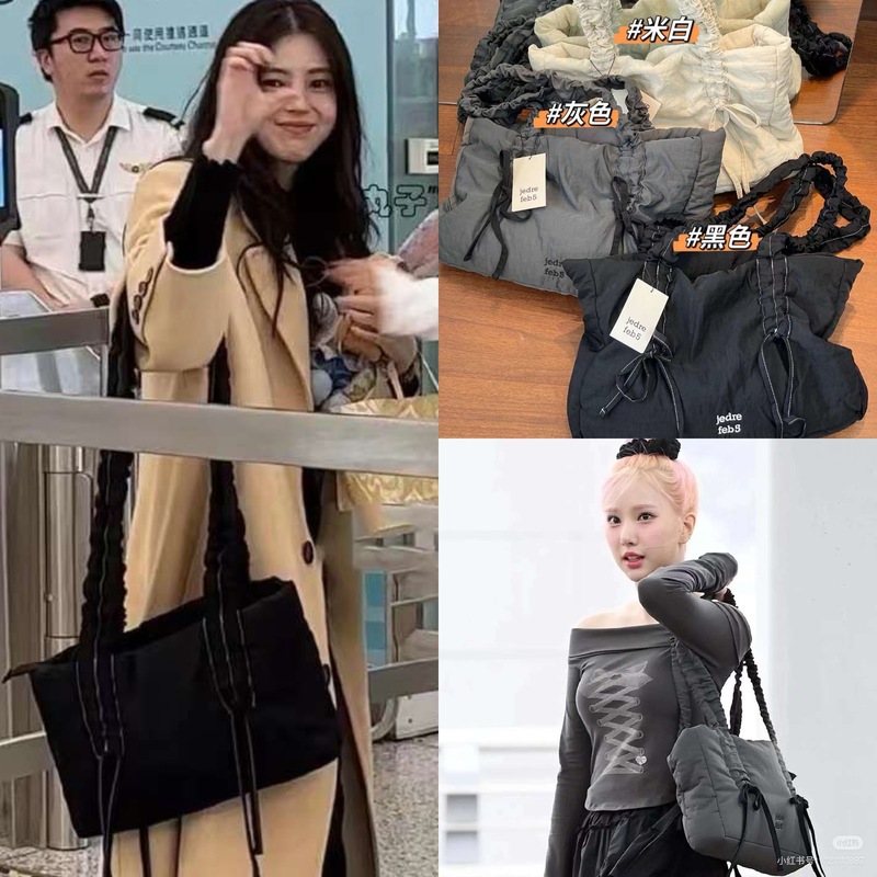 Korean niche Han So-hee's same bow tie large-capacity pleated shoulder strap lazy style shoulder bag tote