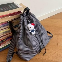 Korean canvas striped commuter backpack men and women drawstring large capacity travel backpack simple casual lightweight school bag
