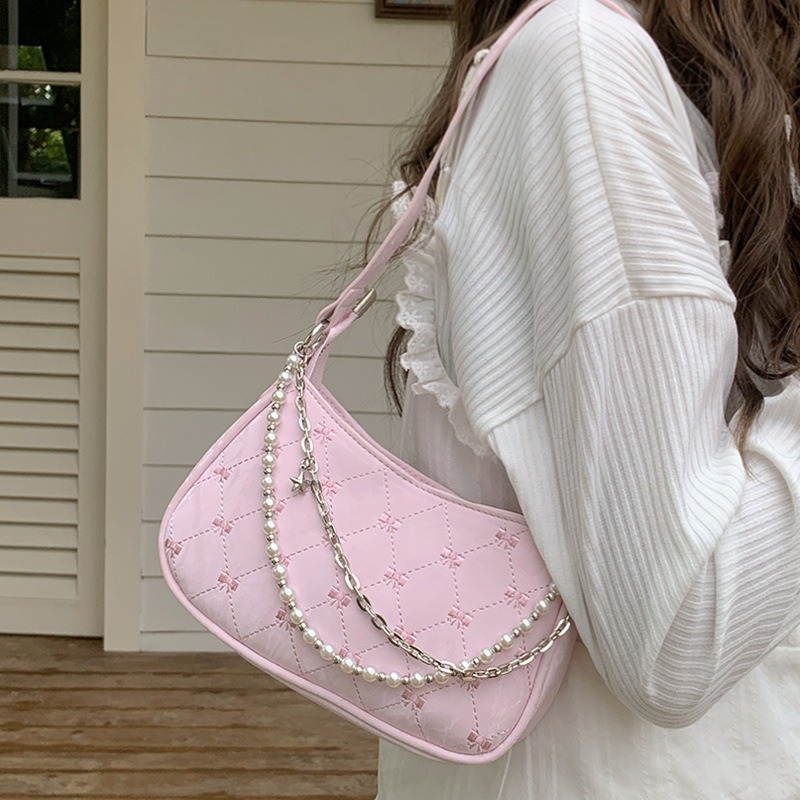 Pink Butterfly Baguette Bag Women 2024 New Pearl Metal Chain Diamond Underarm Bag Casual Shoulder Crossbody Bag