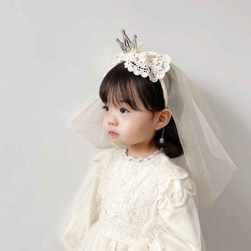 2024 veil Korean version retro lace sequin crown children's veil flower girl birthday hair accessories princess head accessories