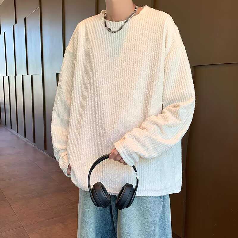 Simple sweatshirt for men in autumn striped textured jacquard loose trendy round neck jacket