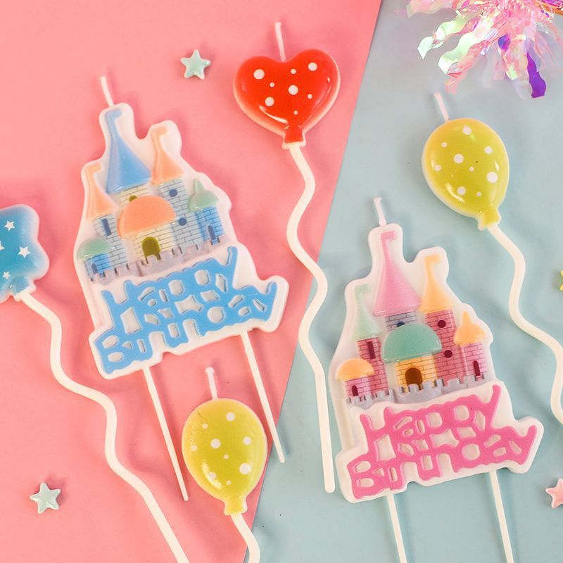 Cartoon pink and blue castle balloon candle little princess little prince children's birthday cake colorful star candle plug-in