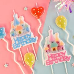 Cartoon pink and blue castle balloon candle little princess little prince children's birthday cake colorful star candle plug-in