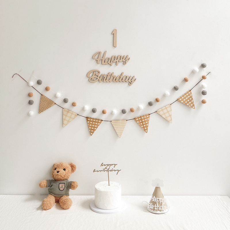 Forest style wooden triangular flag fur ball string baby first birthday arrangement ins style party decoration supplies