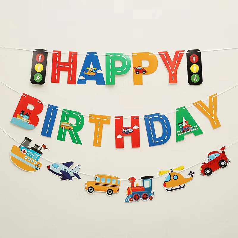 Cars, airplanes, ships, vehicles, birthday flags, traffic light birthday flags, birthday party decorations