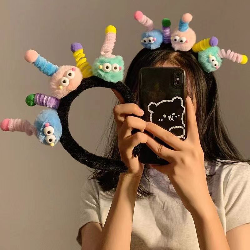 Autumn and winter new cute twist stick little monster headband for women plush face wash funny non-slip fur headband hair accessories
