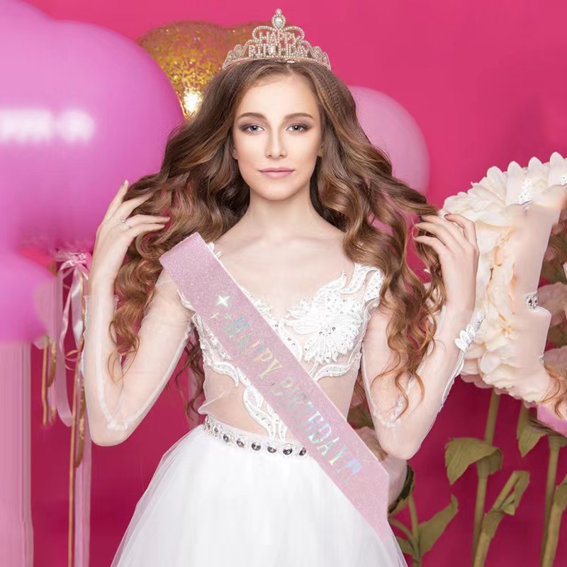 European and American fashion happy birthday crown happy birthday crown headband crystal headdress hair crown shoulder strap
